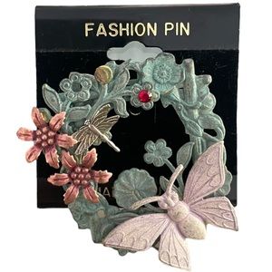 Butterfly Flowers & Dragonfly Floral Wreath Pin